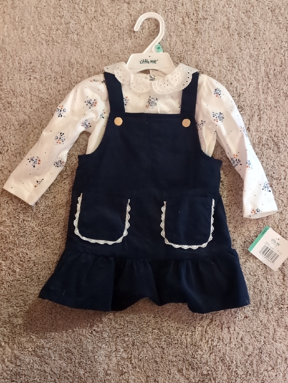 Little Me Navy Pinafore and White Floral Top Set